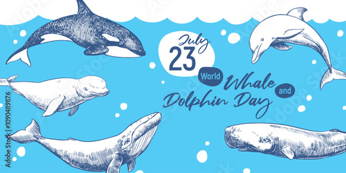 World Whale and Dolphin Day July 23. Vector horizontal poster. Whales are hand drawn, engraving technique. Environmental protection concept. Ocean Day. cachalot, dolphin, orca and beluga