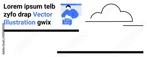 Man holding cashback sign, positioned next to blue and black text elements. Ideal for ecommerce, advertising, financial services, promotions, banking, marketing, website design. Landing page