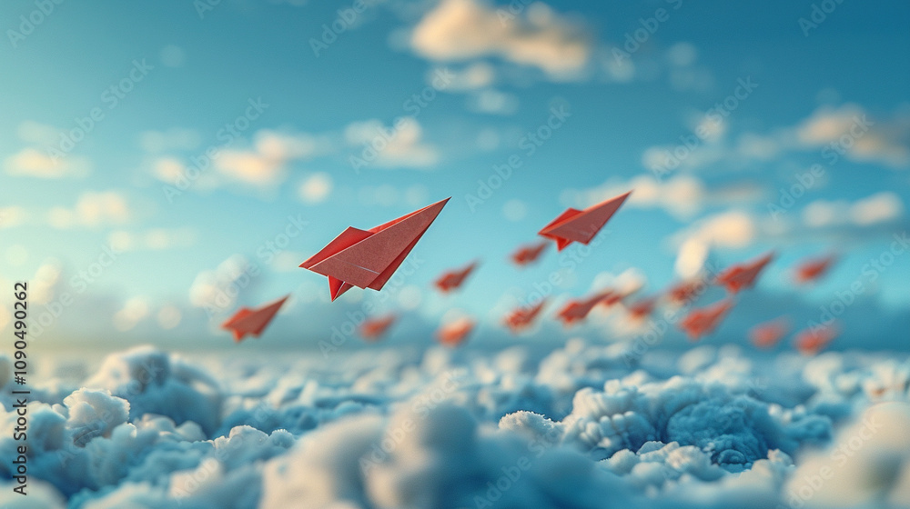 Fototapeta premium A group of red paper airplanes flying in the sky