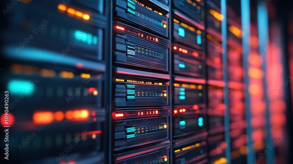 A close-up view of server racks with illuminated indicators, showcasing data storage technology. A close-up view of server racks with illuminated indicators, showcasing data storage technology.