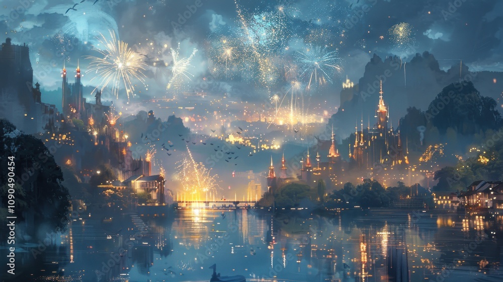 Fototapeta premium A vibrant night scene with fireworks over a picturesque cityscape.