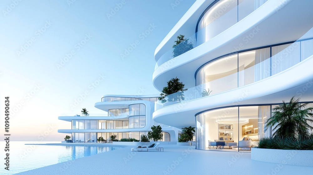 Fototapeta premium A contemporary real estate brochure design, blending blue and white tones, featuring bold headings and grid-style property previews for clarity