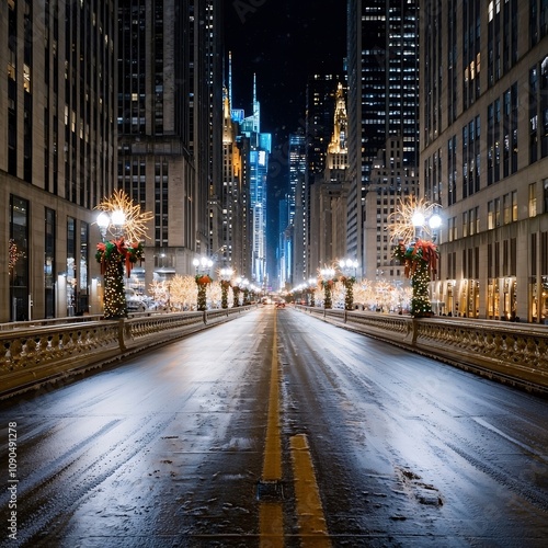 A nighttime winter cityscape illuminated by the glow of festive lights and adorned with elegant decorations, capturing the essence of holiday cheer in an urban setting. The composition draws the