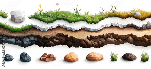 Illustrated layers of earth show diverse soil types and vegetation above. Rock and grass variations are depicted, highlighting geological and ecological differences. photo