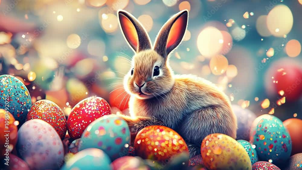 Colorful Easter Eggs and Cute Rabbit Create Festive Spring Scene