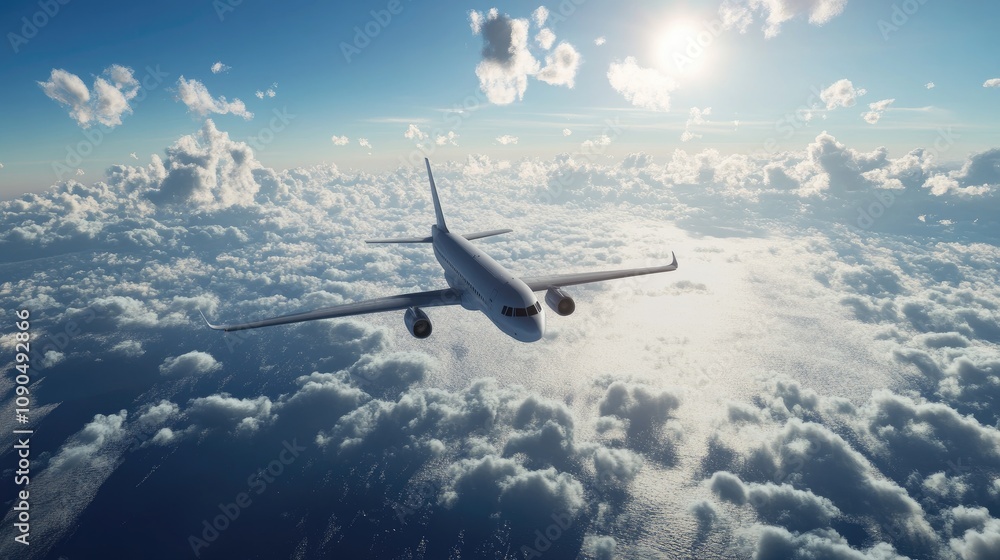 Naklejka premium A modern airplane soaring high above the clouds under a bright blue sky.
