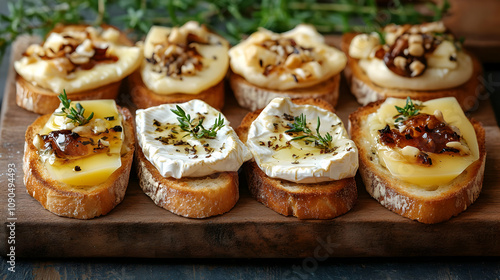 Wallpaper Mural Gourmet Cheese and Honey Bruschetta: A Delicious Appetizer with Toasted Baguette, Soft Cheese, and Sweet Honey Drizzle, Garnished with Thyme. Torontodigital.ca