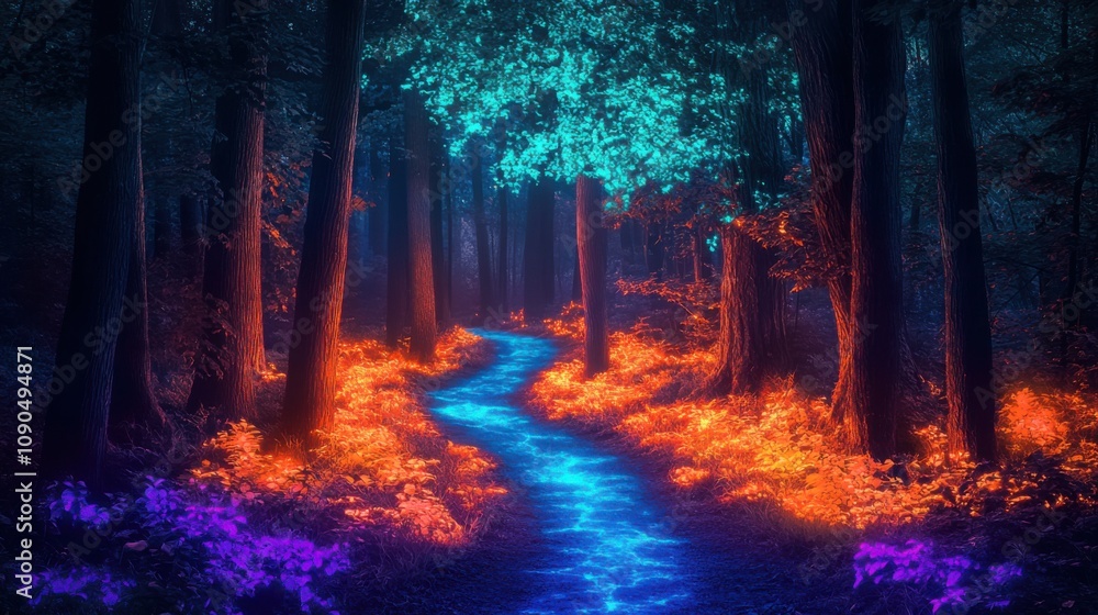 custom made wallpaper toronto digitalEnchanted Forest Pathway with Vibrant Colors and Glittering Stream, Surrounded by Lush Trees and Illuminated Flora at Dusk in a Fantastical Setting