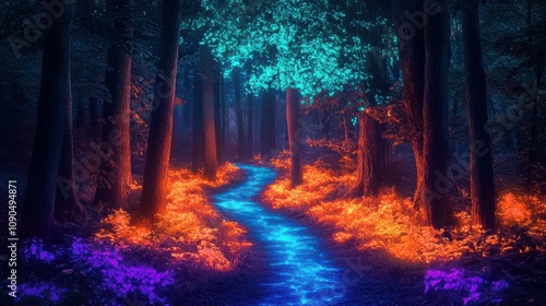 Wallpaper Mural Enchanted Forest Pathway with Vibrant Colors and Glittering Stream, Surrounded by Lush Trees and Illuminated Flora at Dusk in a Fantastical Setting Torontodigital.ca