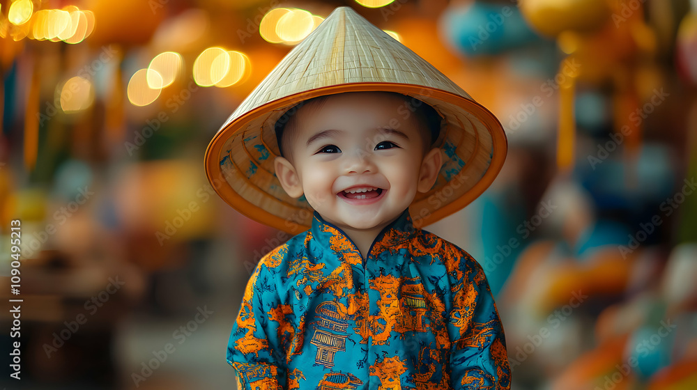 Smiling Baby in Traditional Asian Conical Hat and Festive Clothing, Brightly Lit Background Smiling Baby in Traditional Asian Conical Hat and Festive Clothing, Brightly Lit Background