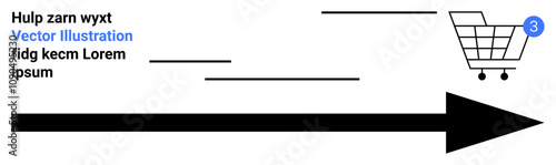 Shopping cart icon with notification badge, large black arrow pointing right, and three small text lines. Ideal for e-commerce, online shopping, progress tracking, user interface design, website