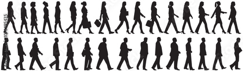 silhouettes of business people, men and a women, a group of walking people, profile, black color isolated on white background