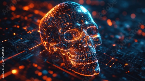 A 3D rendering of a glowing skull on a circuit board with a blue and orange background. photo