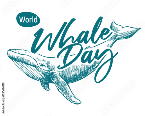 Whale Day emblem, February 19, 2025. Vector monochrome linear drawing of a humpback whale. Concept of the global problem of preserving the diversity of mammals in the ocean. Design for a t-shirt.