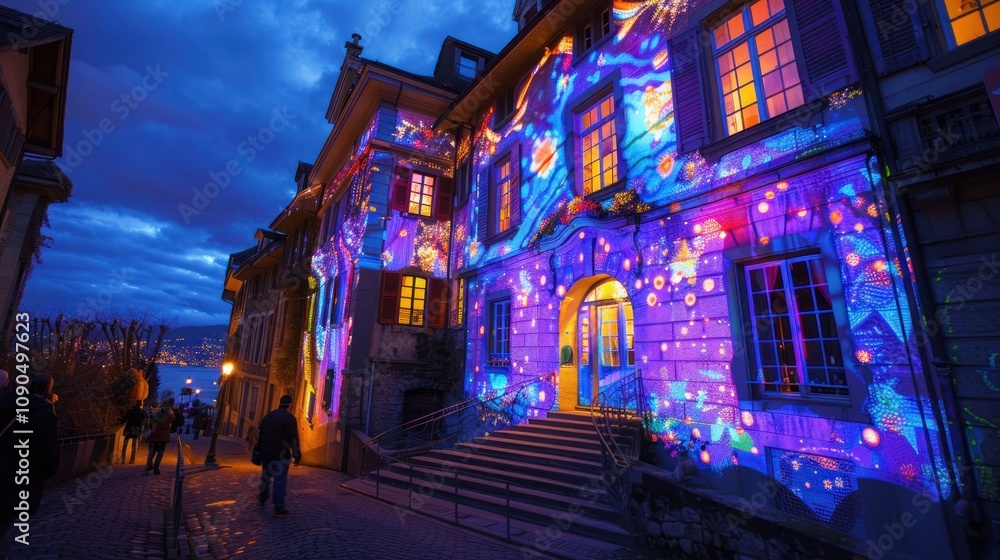 Fototapeta premium Vibrant light projections adorn a building at dusk.