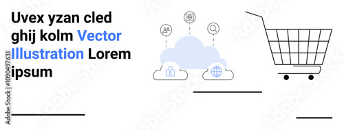 Shopping cart on right, cloud icons with security and global connections in center, sample text on left. Ideal for e-commerce, cloud computing, tech services, online security, global trade, digital