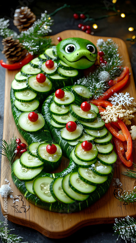 Elegant vegetable platter arranged into the form of a vibrant green snake with holiday accents