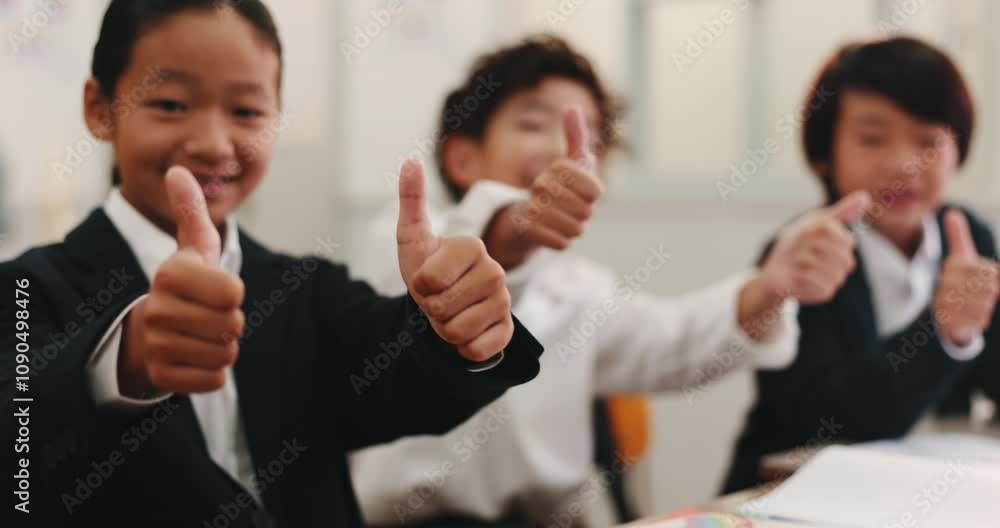 Happy, asian students and thumbs up with classroom for education ...