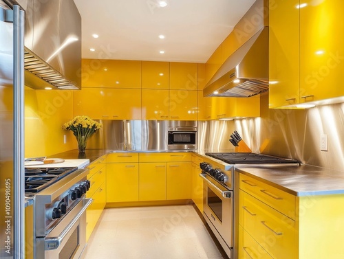 Modern Yellow Kitchen With Stainless Steel Appliances photo