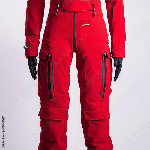 Red ski suit with zippered pockets on white background