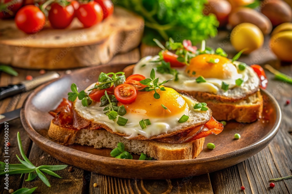 Delicious Breakfast Spread Featuring Fried Eggs with Crispy Bacon on Toast, Stylishly Arranged with Fresh Herbs for a Mouthwatering Morning Meal Experience Delicious Breakfast Spread Featuring Fried Eggs with Crispy Bacon on Toast, Stylishly Arranged with Fresh Herbs for a Mouthwatering Morning Meal Experience