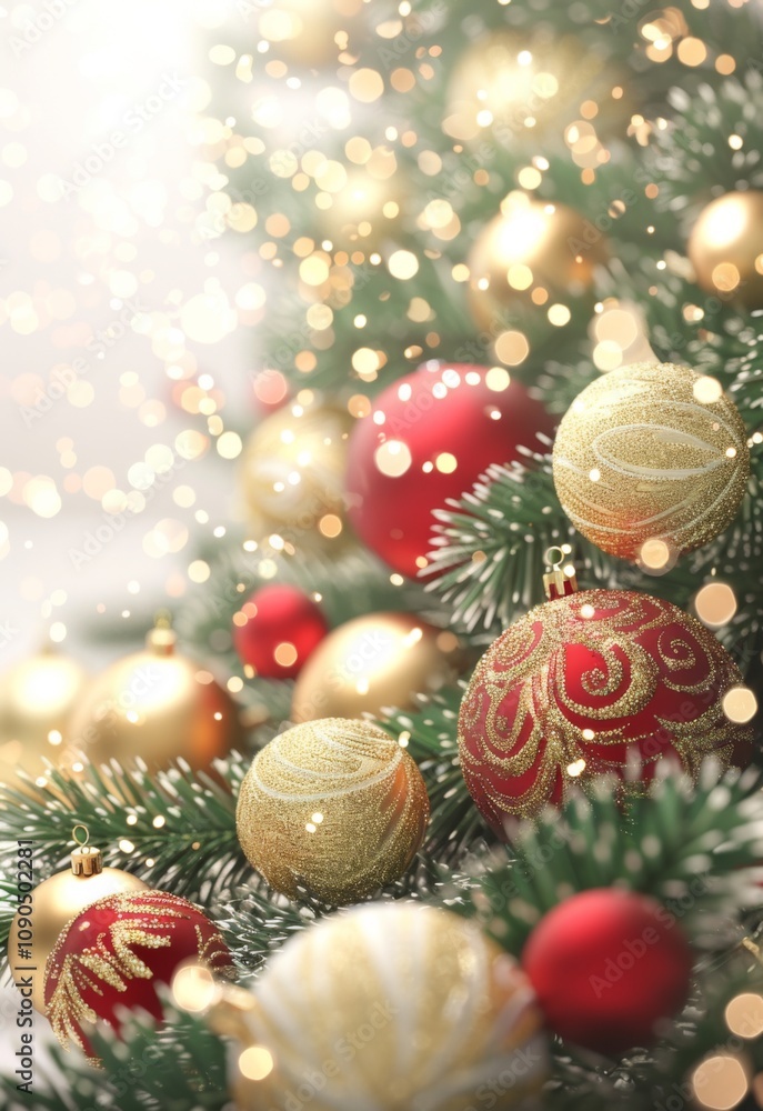 Obraz premium Christmas decorations illuminate with gold glittering accents, creating an abstract glow light texture. The shimmering ornaments and festive lights capture the essence of the holiday season, 