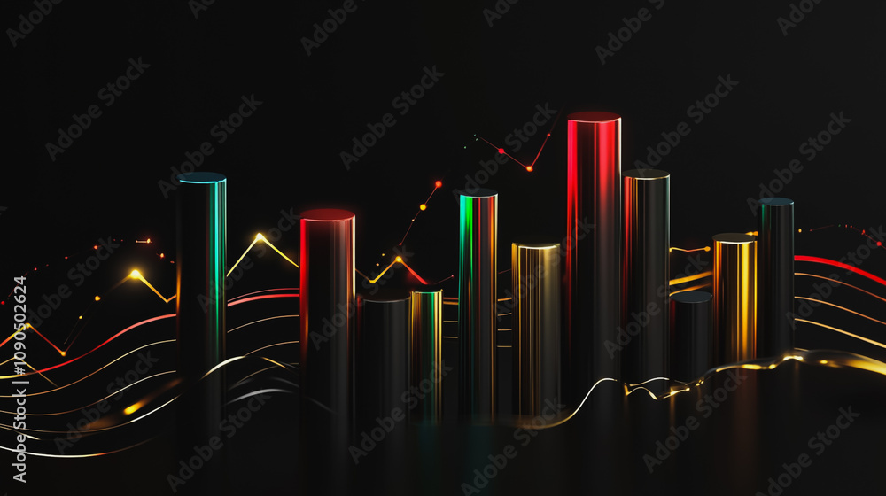 Abstract black background with 3D Colorful charts and graphs with statistics to innovative analyze business potential and forecast future development of companies growth. Abstract black background with 3D Colorful charts and graphs with statistics to innovative analyze business potential and forecast future development of companies growth.