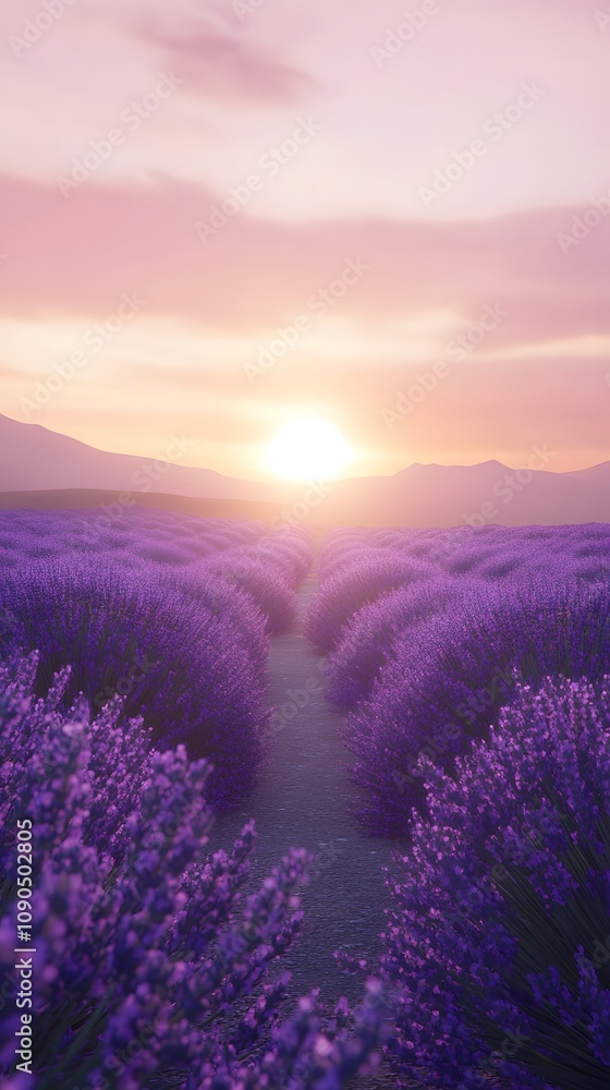 A beautiful lavender field under the setting sun, with rows of purple flowers stretching as far into the horizon as one can see. A beautiful lavender field under the setting sun, with rows of purple flowers stretching as far into the horizon as one can see.