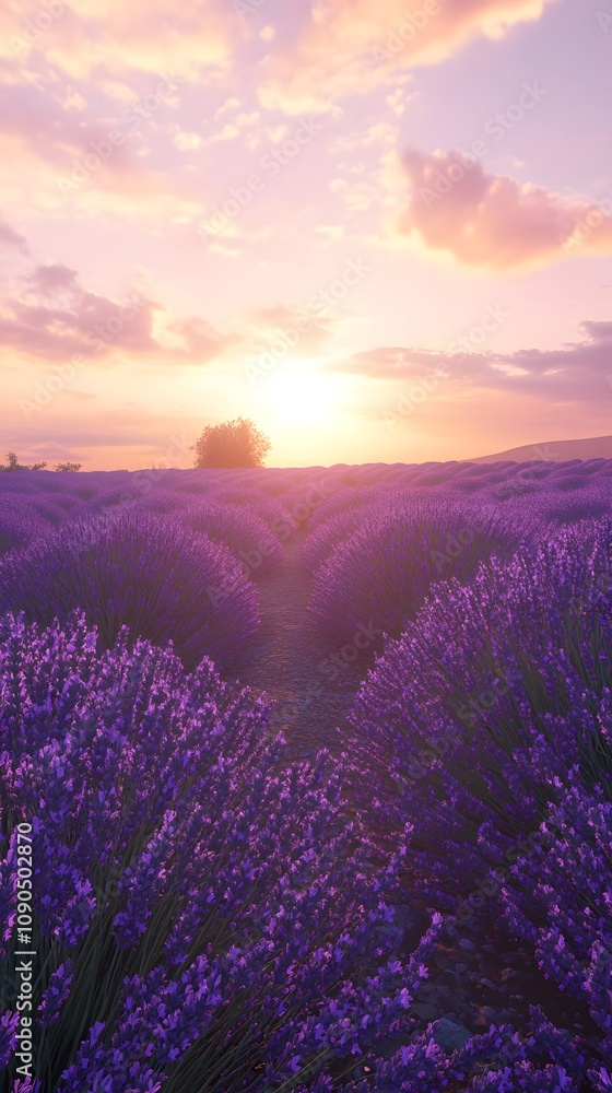Obraz premium A beautiful lavender field under the setting sun, with rows of purple flowers stretching as far into the horizon as one can see.