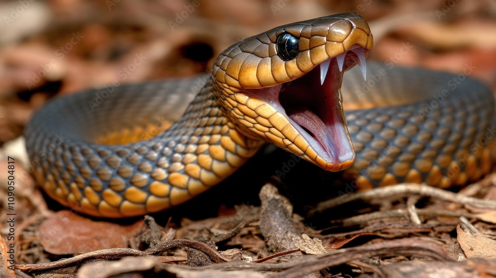 Obraz premium A close-up of a snake with its mouth open, showcasing its fangs and scales on a forest floor.