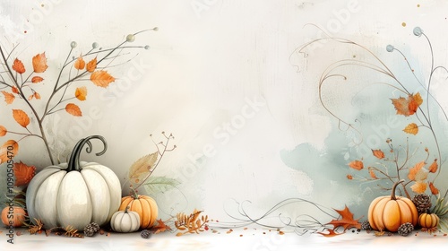 Colorful pumpkins and fallen leaves on a cozy autumn card, with blank space for a heartfelt Thanksgiving inscription or message.