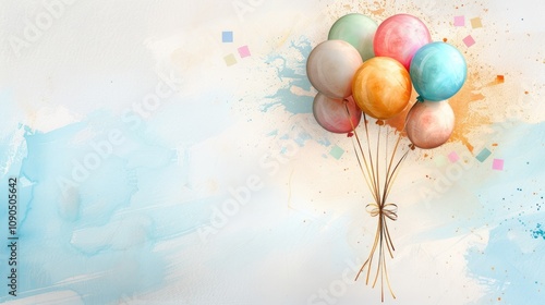 Festive balloons with confetti on a soft watercolor background, with copy space for a personalized birthday message or heartfelt text.