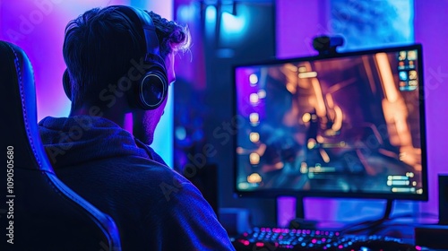 A young Caucasian male gamer immersed in an intense gaming session, surrounded by vibrant blue and purple lighting.