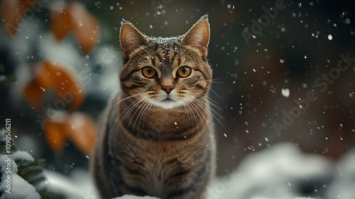 Tabby Cat Poses Amidst Falling Snow in Winter Wonderland