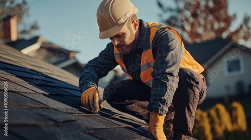 An intimate portrait of a roofing specialist inspecting roofing materials on a residential building project, Residential roofing inspection scene, Detail-oriented and weatherproof style