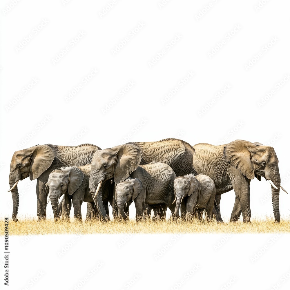 Fototapeta premium Elephant family group stands in tall grass.