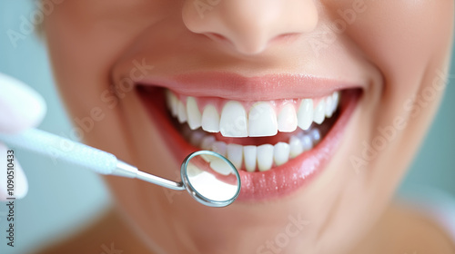 A woman uses a mirror to examine her teeth, checking dental health and ensuring her oral hygiene remains clean and well-maintained through regular self-care practices. photo