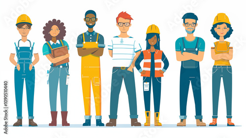 Vibrant artwork illustrating a team of workers standing together, fully prepared, enthusiastically and wholeheartedly engaged in their work with abundant enthusiasm and determination.