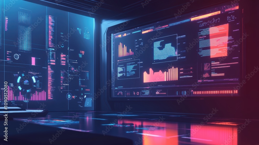 Obraz premium Futuristic control room with data displays and visual analytics.