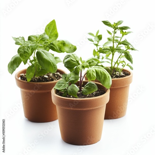Wallpaper Mural Three potted herbs, terracotta pots, white background. Torontodigital.ca