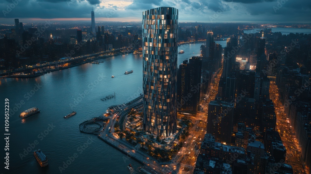 Fototapeta premium Futuristic Skyscraper with Angular Design and LED Lighting