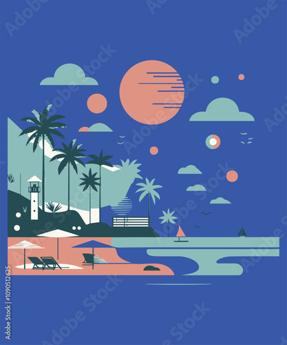 Minimalist Tropical Beach Design vector art with white background

