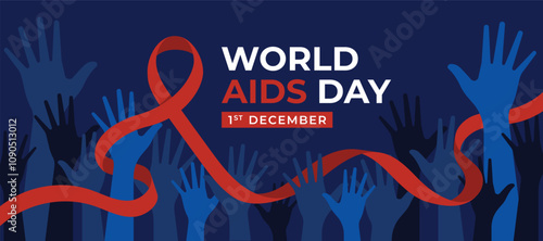 World aids day - Text and long red ribbon sign on blue hands raise and dark blue background vector design