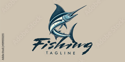 illustration of sword fish marlin jump, for fishing brand background or logo