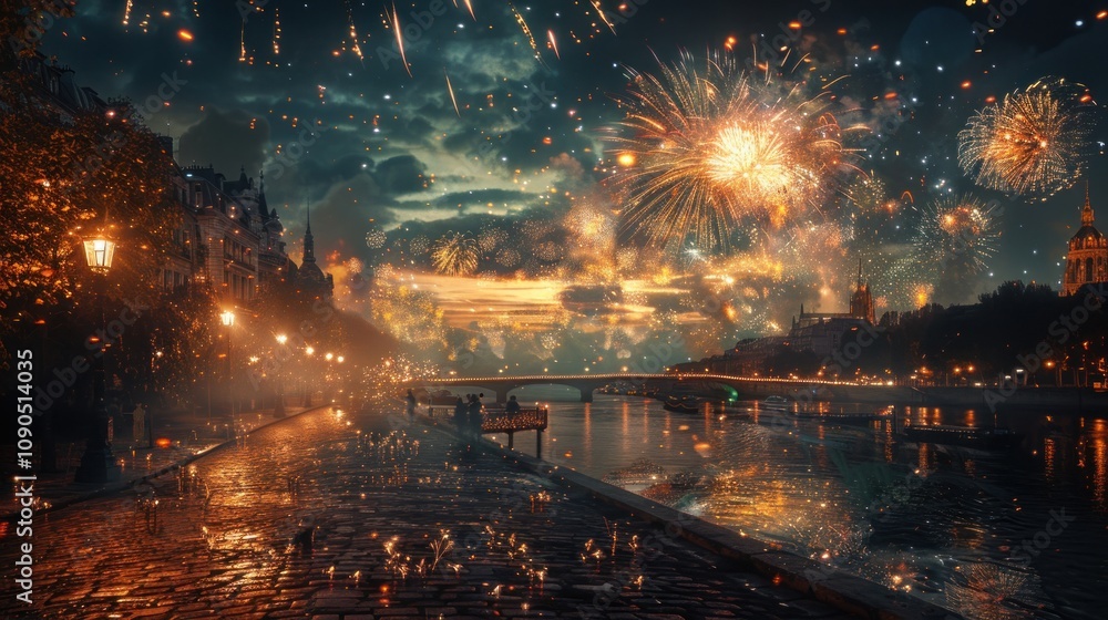 Fototapeta premium Nighttime riverside scene with fireworks illuminating the sky.