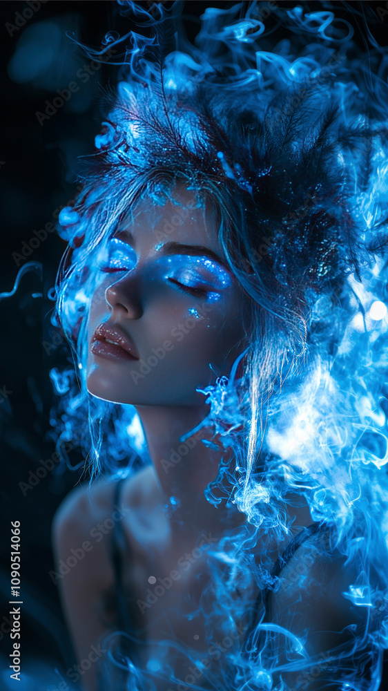 Fototapeta premium Sensual Woman Succubus, at night in blue light, glowing. AI generative