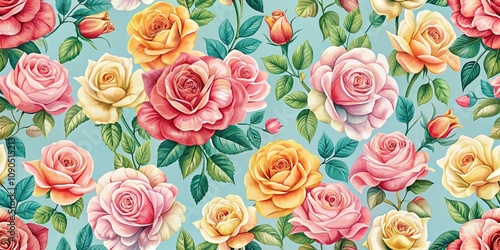 Seamless Rose Pattern Design in Soft Pastel Colors, Floral Background for Home Decor and Fashion, Generative AI Art, Ideal for Textiles, Wallpapers, and Digital Prints
