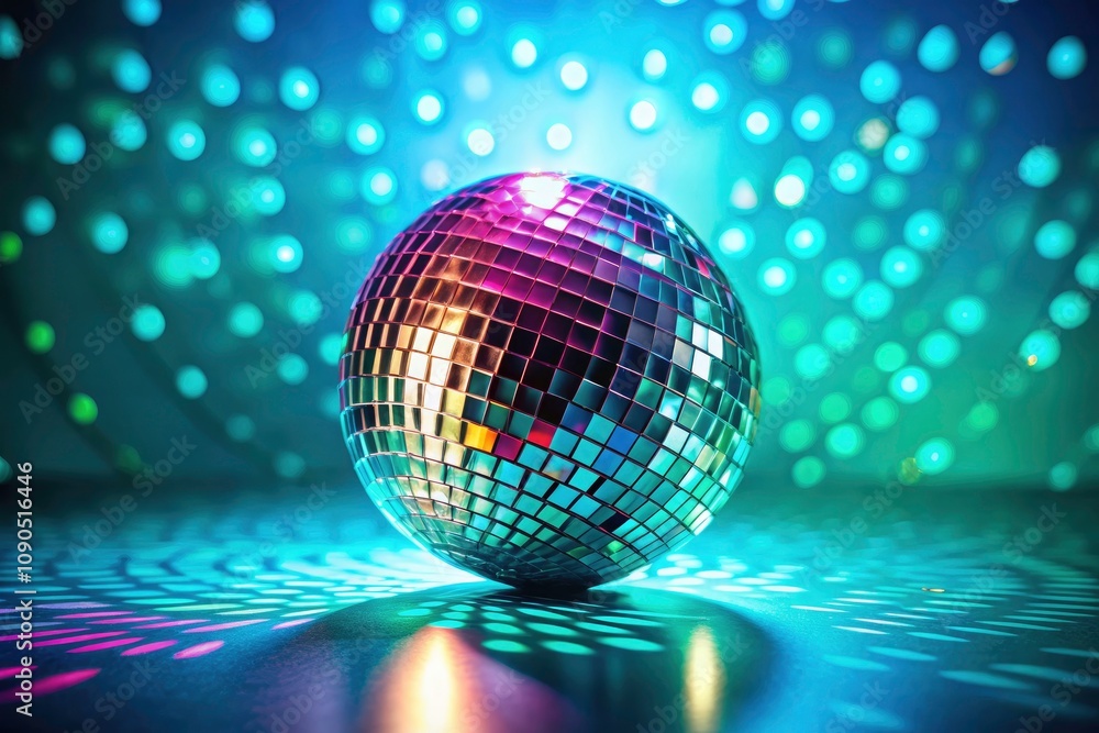 Obraz premium Shiny Disco Ball on Turquoise Background with Rainbow Reflection - Vibrant Party Decor, Colorful Light Effects, Retro Aesthetics, Event Ambiance, Fun 