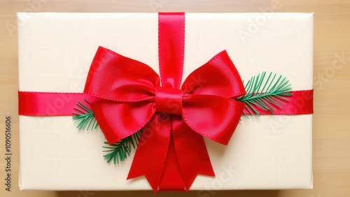 Elegant Gift Box with Red Bow and Pine Sprigs Perfect for Christmas Presents and Celebrations