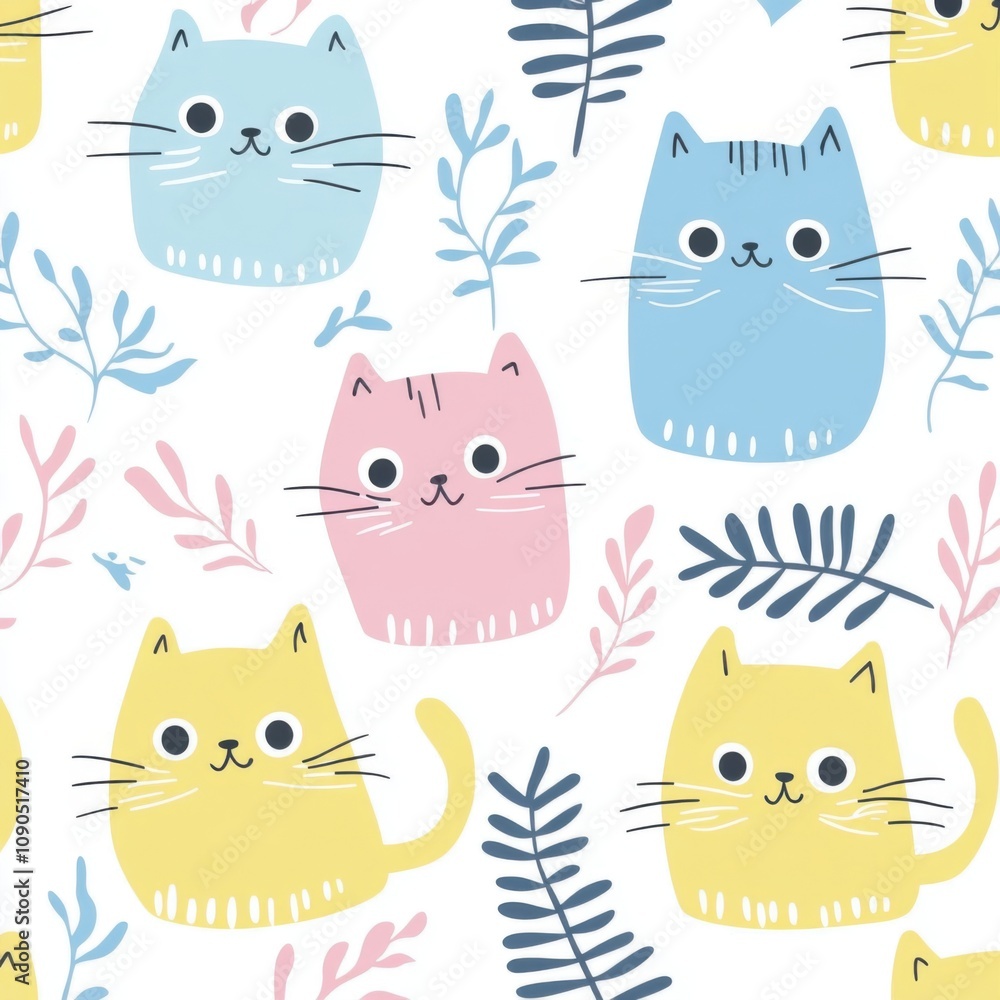Obraz premium Illustrations, background drawings are designed in a cute style. They are images of cartoon cats in fun and diverse characters. They are in bright, pastel colors to be used in various designs.